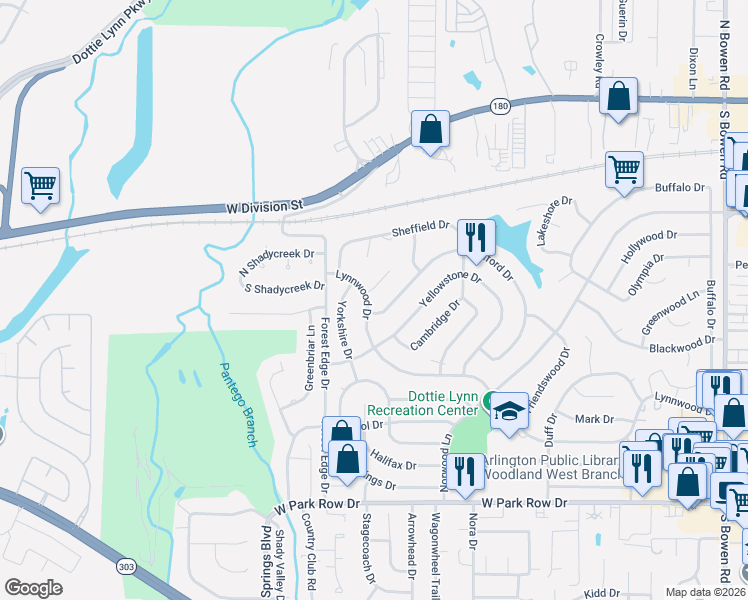 map of restaurants, bars, coffee shops, grocery stores, and more near 3409 Woodford Drive in Arlington
