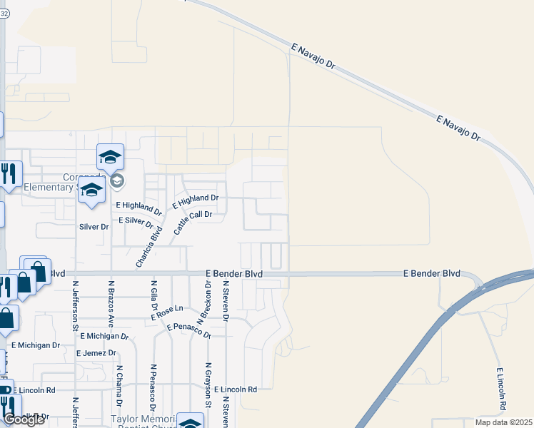 map of restaurants, bars, coffee shops, grocery stores, and more near 2043 Saddle Club Drive in Hobbs