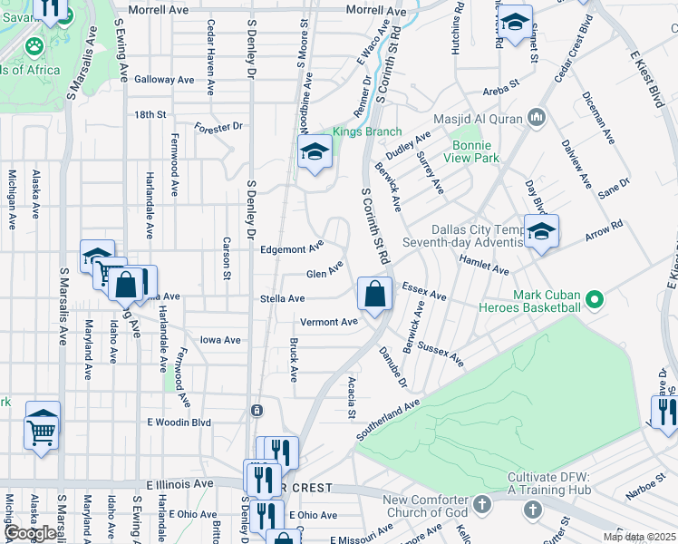 map of restaurants, bars, coffee shops, grocery stores, and more near 1516 Glen Avenue in Dallas