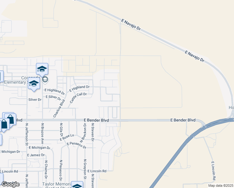 map of restaurants, bars, coffee shops, grocery stores, and more near 2128 Saddle Club Drive in Hobbs