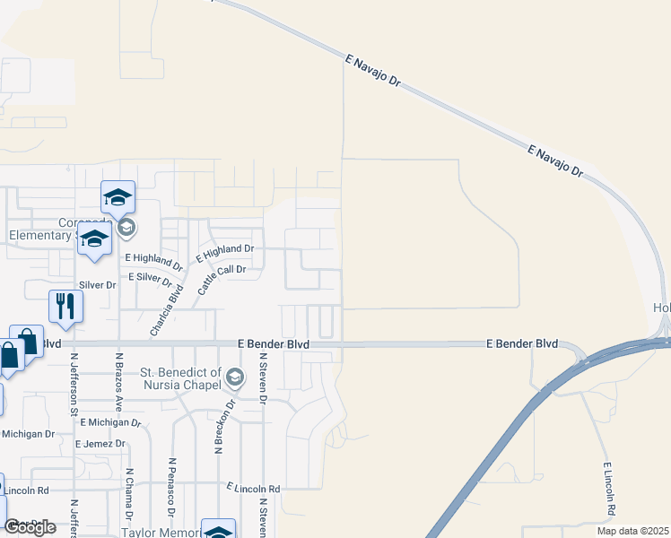map of restaurants, bars, coffee shops, grocery stores, and more near 2127 Saddle Club Drive in Hobbs