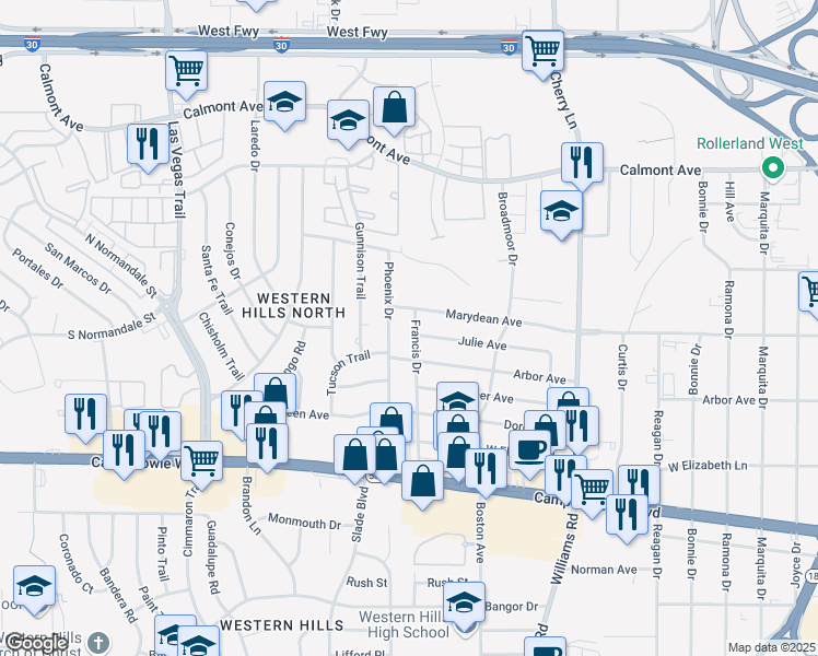map of restaurants, bars, coffee shops, grocery stores, and more near 3114 Francis Drive in Fort Worth