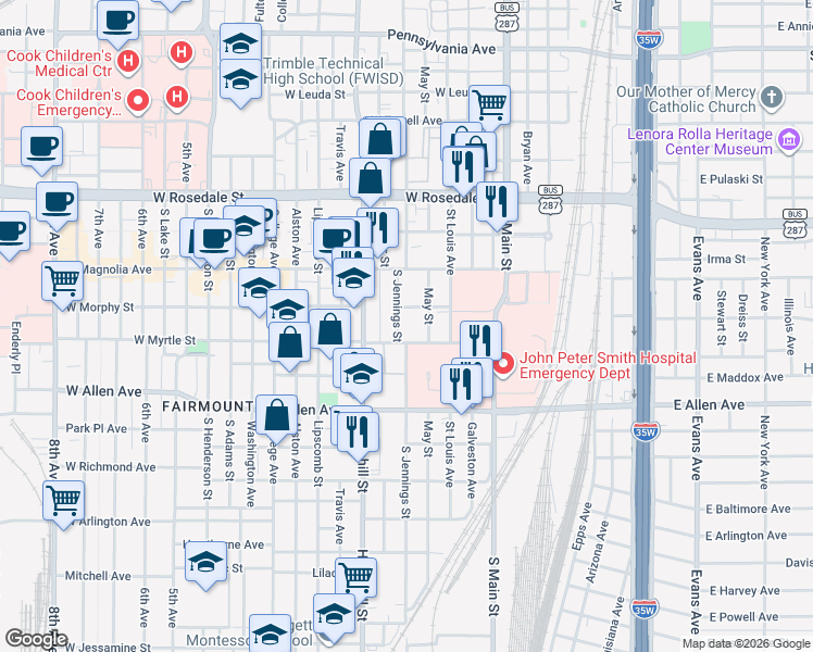 map of restaurants, bars, coffee shops, grocery stores, and more near 1424 South Jennings Avenue in Fort Worth