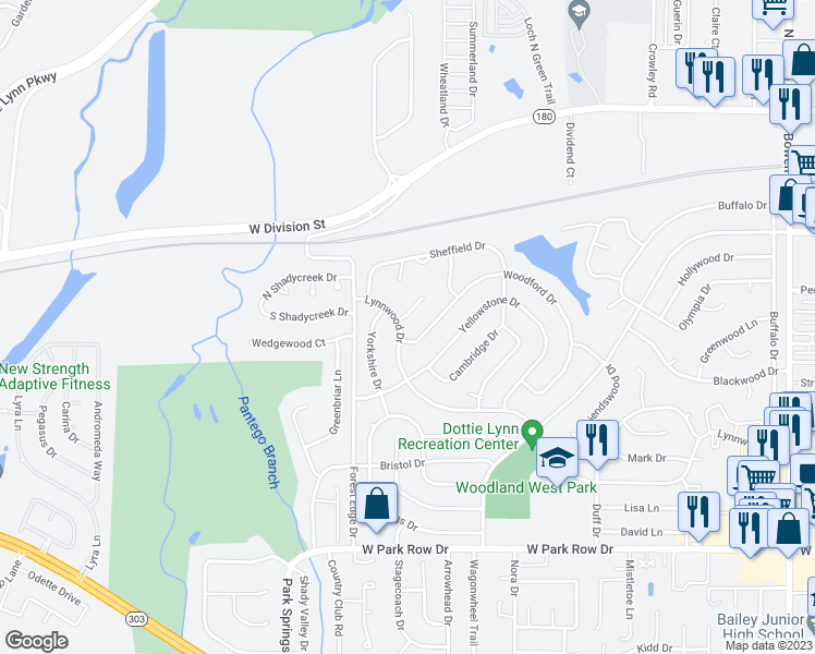 map of restaurants, bars, coffee shops, grocery stores, and more near 3703 Lynnwood Drive in Arlington