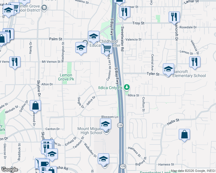 map of restaurants, bars, coffee shops, grocery stores, and more near 2145 Camino de Las Palmas in Lemon Grove
