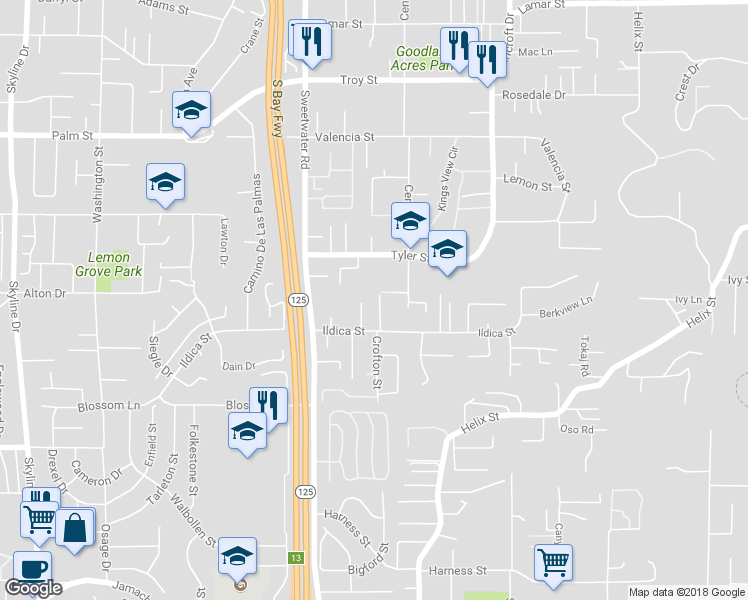 map of restaurants, bars, coffee shops, grocery stores, and more near 8710 Ildica Street in Spring Valley