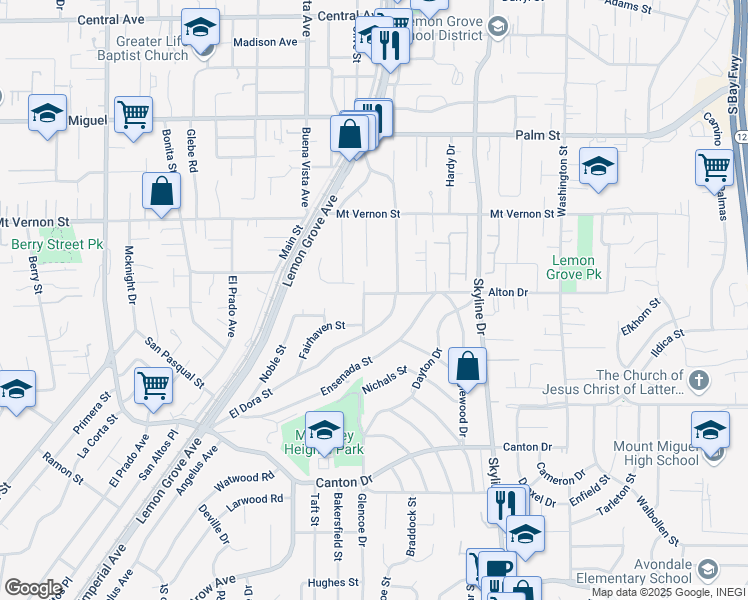 map of restaurants, bars, coffee shops, grocery stores, and more near 2139 Glencoe Drive in Lemon Grove