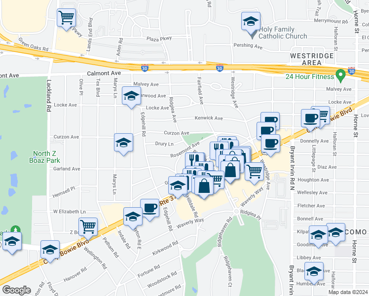 map of restaurants, bars, coffee shops, grocery stores, and more near 3124 Ridglea Avenue in Fort Worth