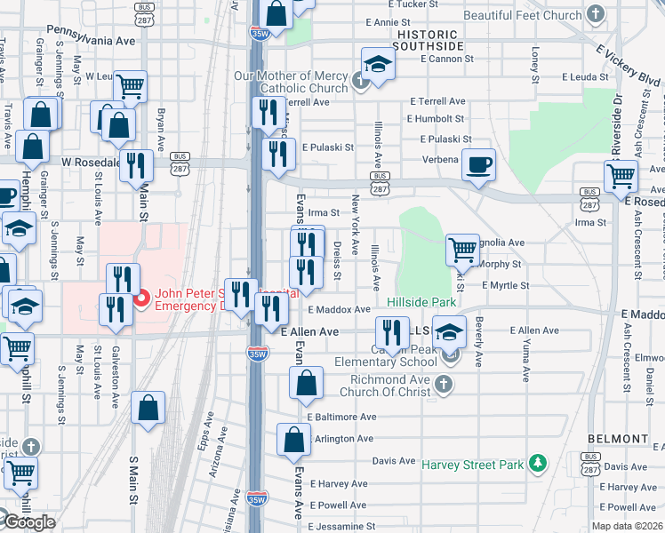 map of restaurants, bars, coffee shops, grocery stores, and more near 1402 Dreiss Street in Fort Worth
