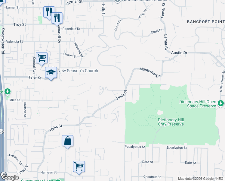 map of restaurants, bars, coffee shops, grocery stores, and more near Ivy Lane in Spring Valley