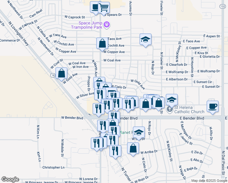 map of restaurants, bars, coffee shops, grocery stores, and more near 616 W Silver Dr in Hobbs