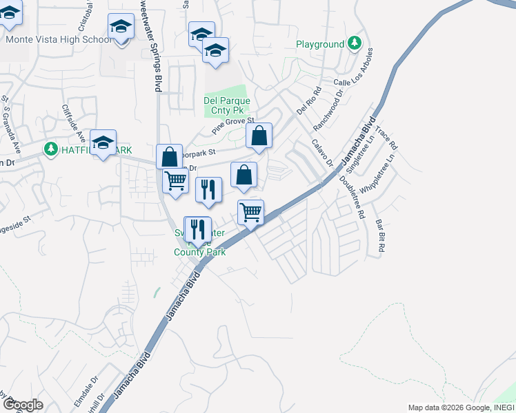 map of restaurants, bars, coffee shops, grocery stores, and more near 10751 Porter Terrace in Spring Valley