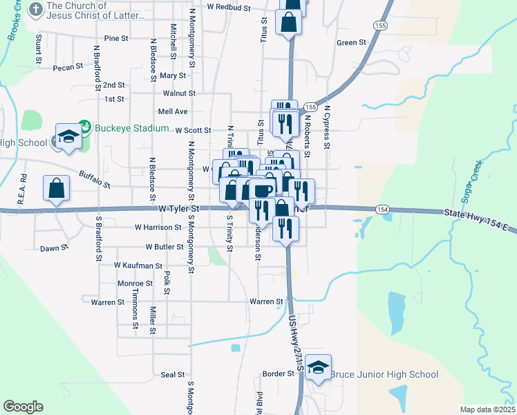 map of restaurants, bars, coffee shops, grocery stores, and more near 100 West Tyler Street in Gilmer