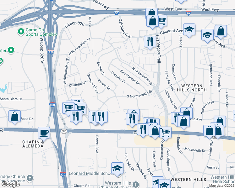 map of restaurants, bars, coffee shops, grocery stores, and more near 3021 Encino Drive in Fort Worth