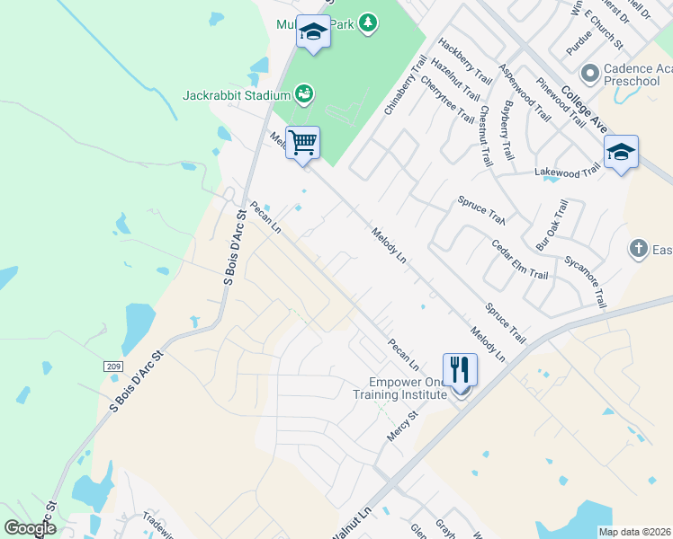 map of restaurants, bars, coffee shops, grocery stores, and more near 14325 Pecan Lane in Forney