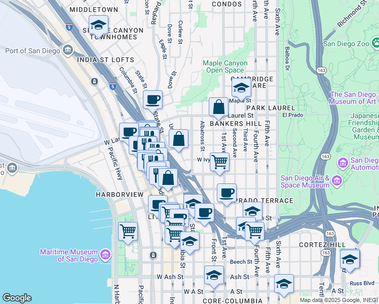map of restaurants, bars, coffee shops, grocery stores, and more near 2234 Brant Street in San Diego