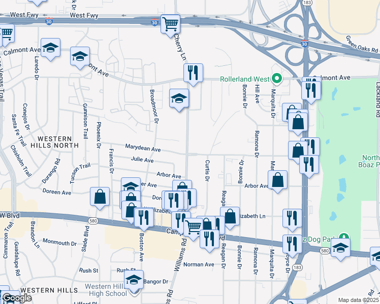 map of restaurants, bars, coffee shops, grocery stores, and more near 3063 South Cherry Lane in Fort Worth