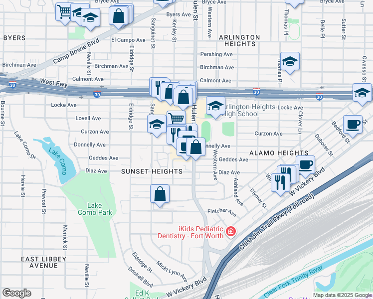map of restaurants, bars, coffee shops, grocery stores, and more near 3200 Hulen Street in Fort Worth