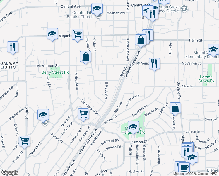 map of restaurants, bars, coffee shops, grocery stores, and more near 2168 El Prado Avenue in Lemon Grove