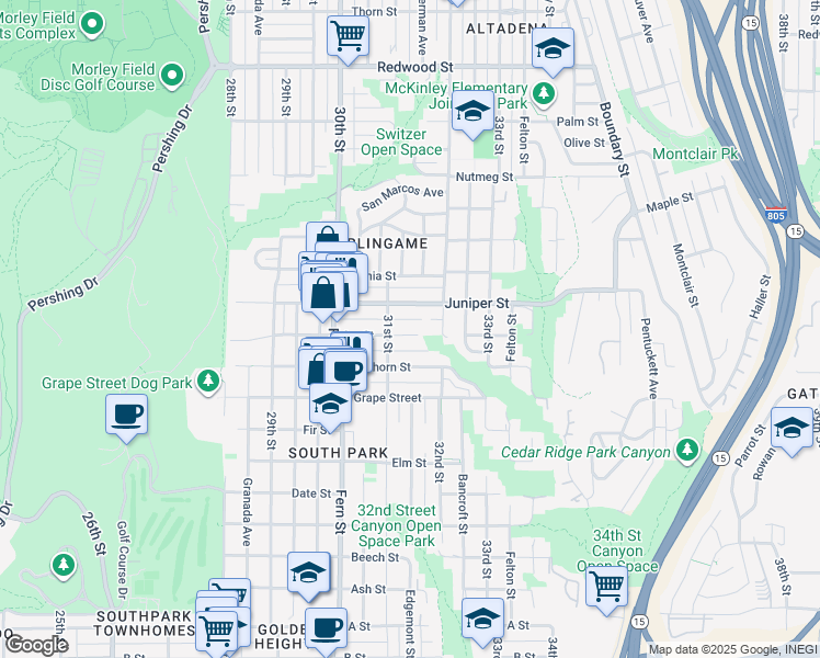 map of restaurants, bars, coffee shops, grocery stores, and more near 3161 Ivy Street in San Diego
