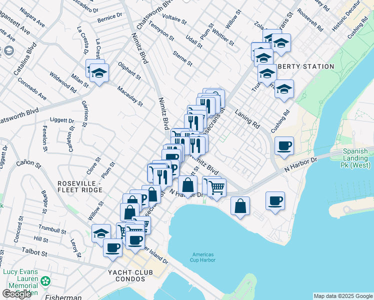 map of restaurants, bars, coffee shops, grocery stores, and more near 1651 Rosecrans Street in San Diego