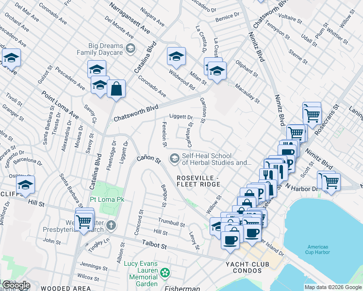 map of restaurants, bars, coffee shops, grocery stores, and more near 3623 Fenelon Street in San Diego