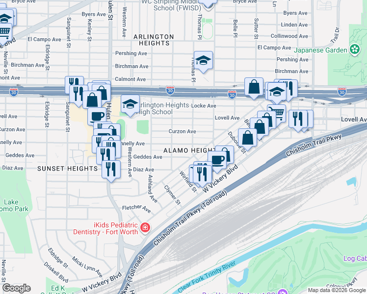 map of restaurants, bars, coffee shops, grocery stores, and more near 4220 Geddes Avenue in Fort Worth