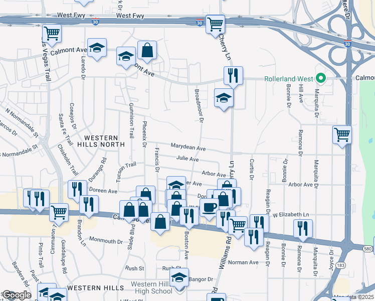 map of restaurants, bars, coffee shops, grocery stores, and more near 8118 Julie Avenue in Fort Worth