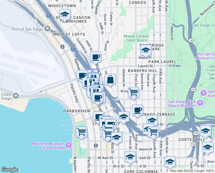 map of restaurants, bars, coffee shops, grocery stores, and more near 2242 Union Street in San Diego