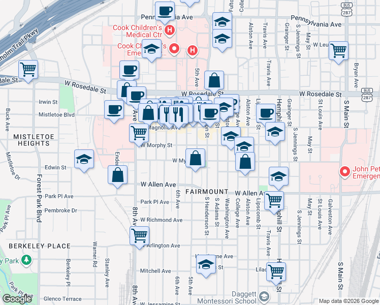 map of restaurants, bars, coffee shops, grocery stores, and more near 1415 South Lake Street in Fort Worth