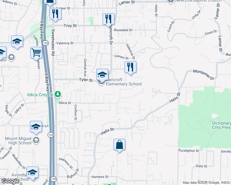 map of restaurants, bars, coffee shops, grocery stores, and more near 8976 Rover Street in Spring Valley