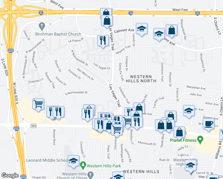 map of restaurants, bars, coffee shops, grocery stores, and more near 3088 Las Vegas Trail in Fort Worth
