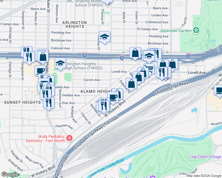 map of restaurants, bars, coffee shops, grocery stores, and more near 4100 Valentine Street in Fort Worth