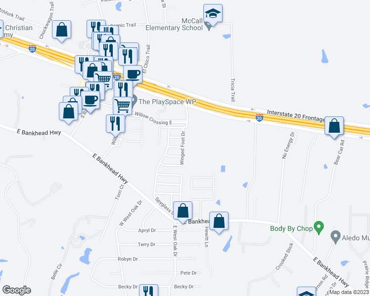 map of restaurants, bars, coffee shops, grocery stores, and more near 133 Winged Foot Drive in Willow Park