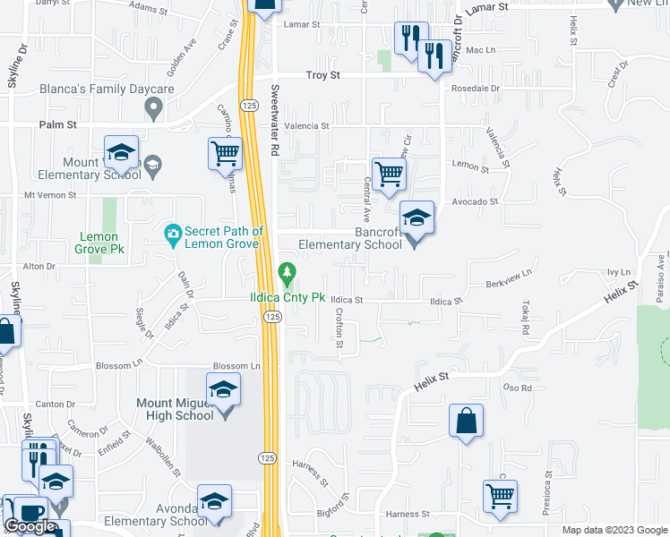 map of restaurants, bars, coffee shops, grocery stores, and more near 2146 El Pasillo Lane in Spring Valley