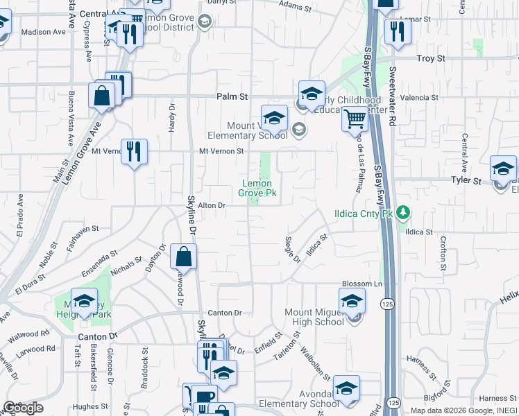 map of restaurants, bars, coffee shops, grocery stores, and more near 2135 Washington Street in Lemon Grove