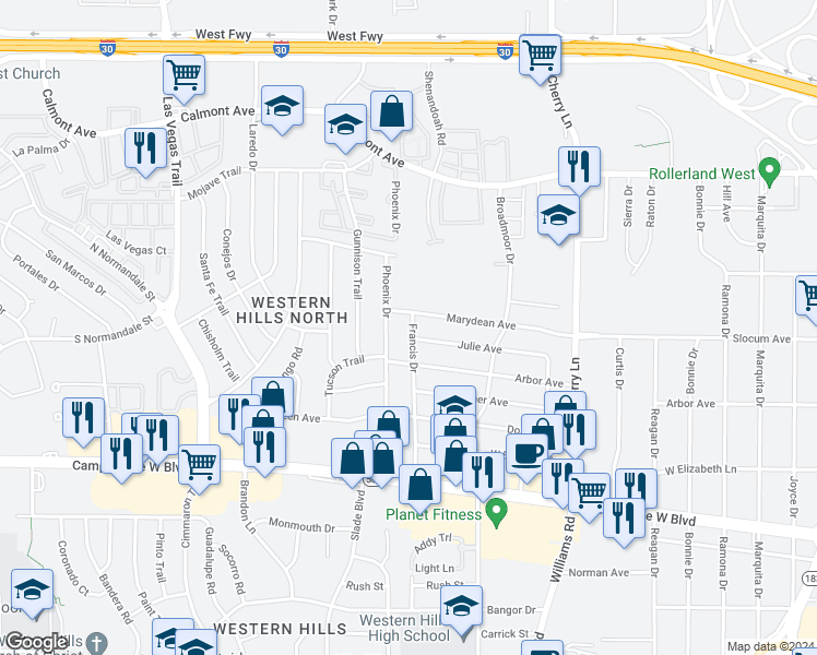 map of restaurants, bars, coffee shops, grocery stores, and more near 3110 Francis Drive in Fort Worth