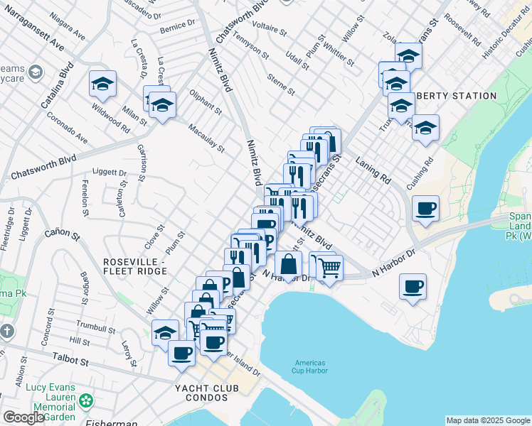 map of restaurants, bars, coffee shops, grocery stores, and more near 1654 Locust Street in San Diego