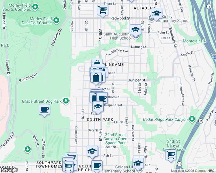 map of restaurants, bars, coffee shops, grocery stores, and more near 3031 Ivy Street in San Diego