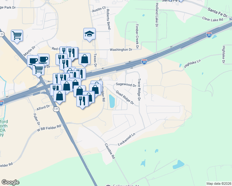 map of restaurants, bars, coffee shops, grocery stores, and more near 2114 Quail Ridge Drive in Weatherford