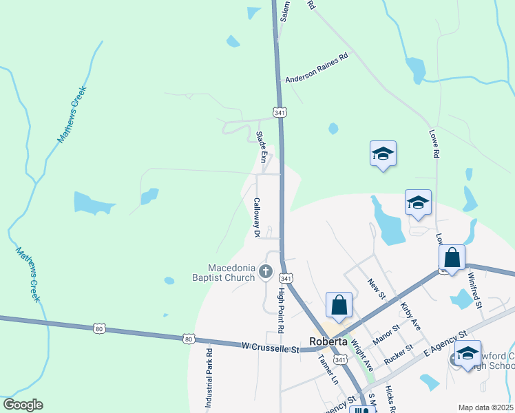 map of restaurants, bars, coffee shops, grocery stores, and more near 167 Slade Drive in Roberta