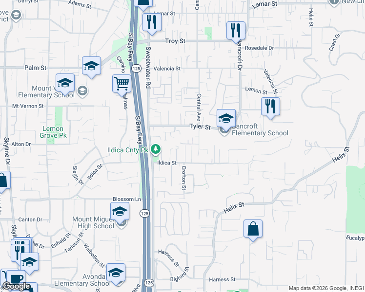 map of restaurants, bars, coffee shops, grocery stores, and more near 2146 El Pasillo Lane in Spring Valley