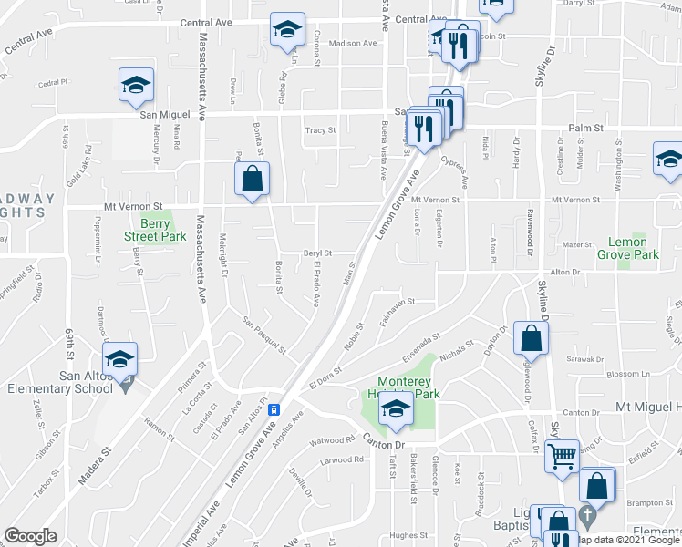 map of restaurants, bars, coffee shops, grocery stores, and more near 2220 Main Street in Lemon Grove