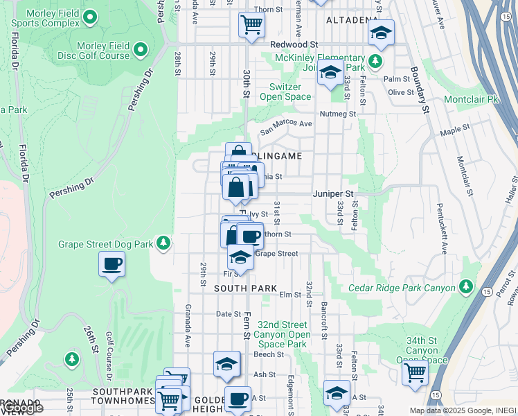 map of restaurants, bars, coffee shops, grocery stores, and more near 3031 Ivy Street in San Diego