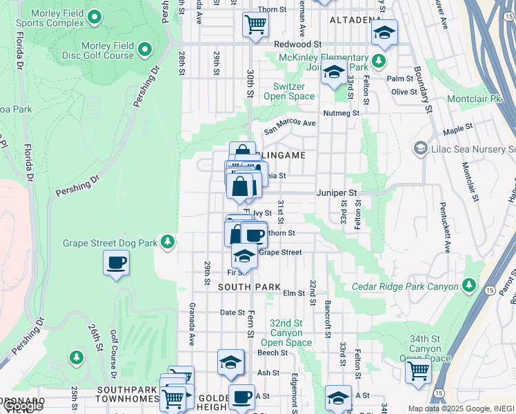 map of restaurants, bars, coffee shops, grocery stores, and more near 3031 Ivy Street in San Diego
