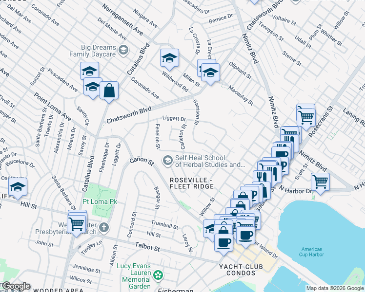 map of restaurants, bars, coffee shops, grocery stores, and more near 3552 Fenelon Street in San Diego