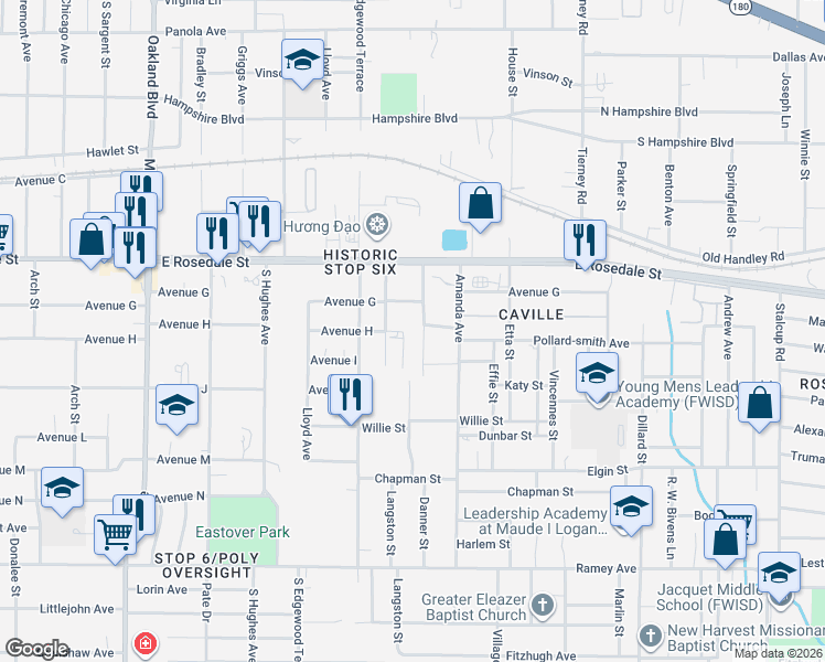 map of restaurants, bars, coffee shops, grocery stores, and more near 1509 Langston Street in Fort Worth
