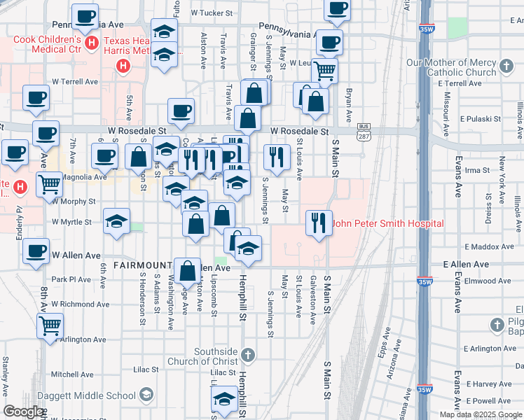 map of restaurants, bars, coffee shops, grocery stores, and more near 1424 South Jennings Avenue in Fort Worth