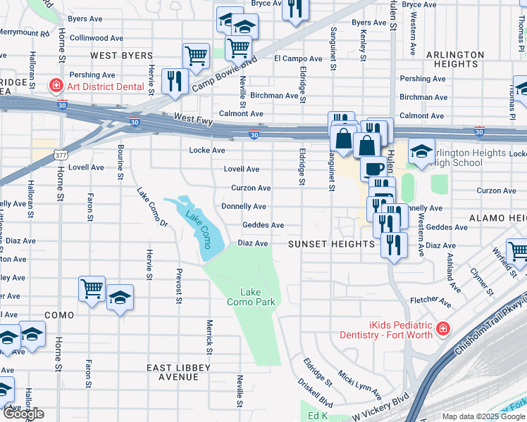 map of restaurants, bars, coffee shops, grocery stores, and more near 4936 Geddes Avenue in Fort Worth