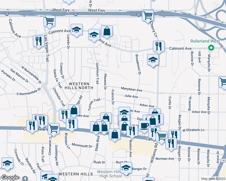 map of restaurants, bars, coffee shops, grocery stores, and more near 8146 Julie Avenue in Fort Worth